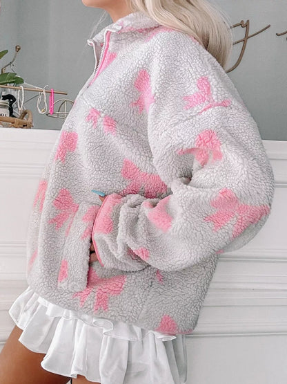 Bow Zip Collar Fleece Sweatshirt
