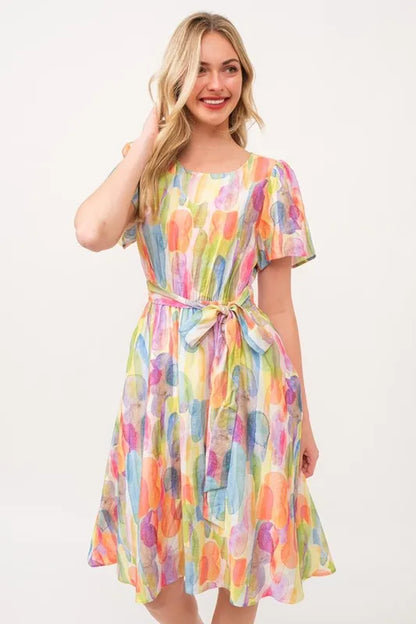 Lime 'N' Chili Watercolor Print Tie Front Midi Dress