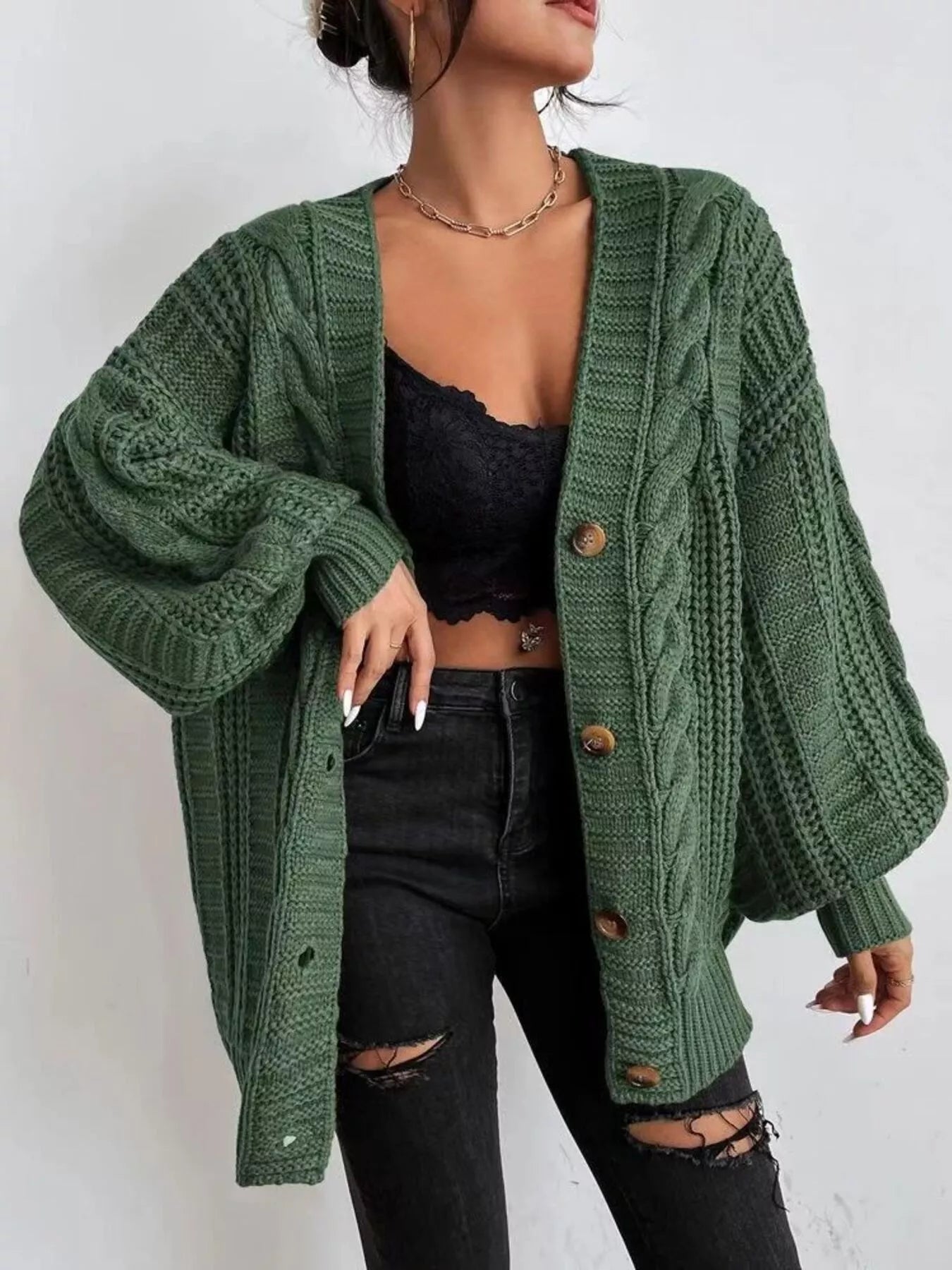 Chunky Knit Cable Knit Button-Up Cardigan Green