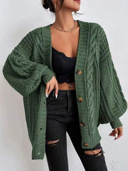 Chunky Knit Cable Knit Button-Up Cardigan Green