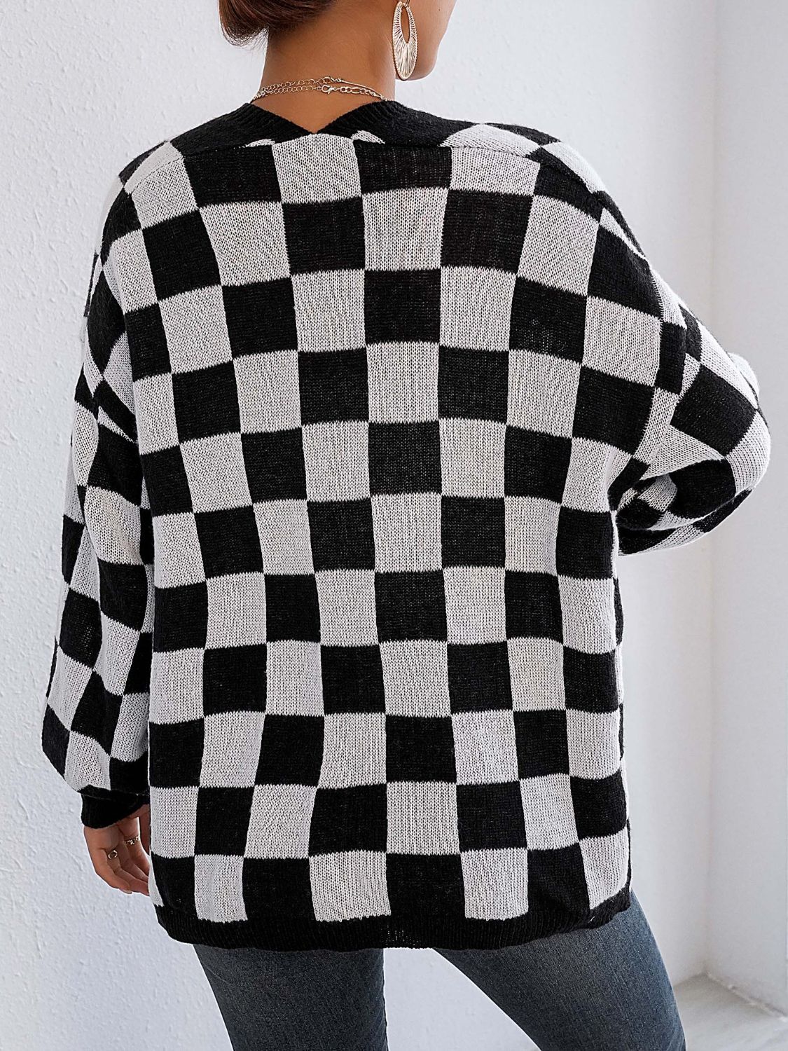 Black and White Checkered Cardigan - Checkered Open Front Long Sleeve Cardigan
