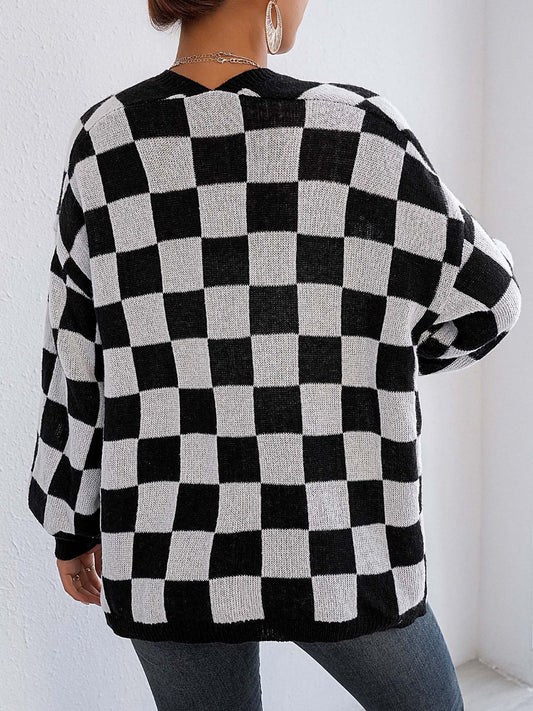 Black and White Checkered Cardigan - Checkered Open Front Long Sleeve Cardigan