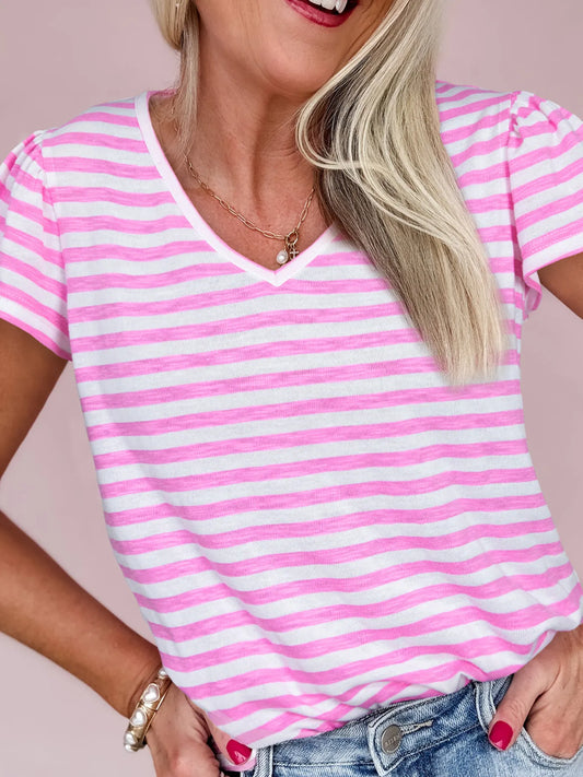 Striped V-Neck T-Shirt Pink