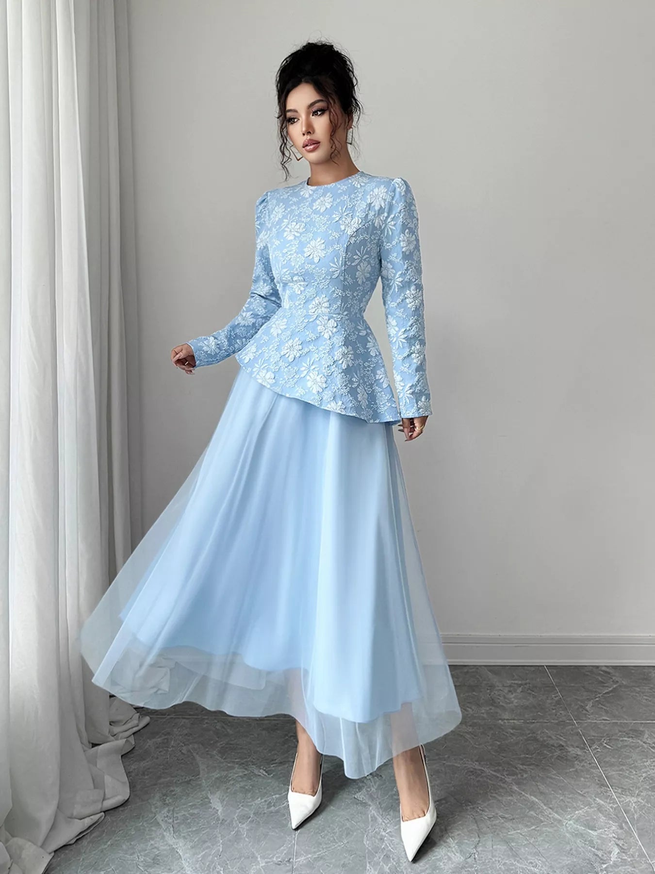 Floral Long Sleeve Tulle Dress