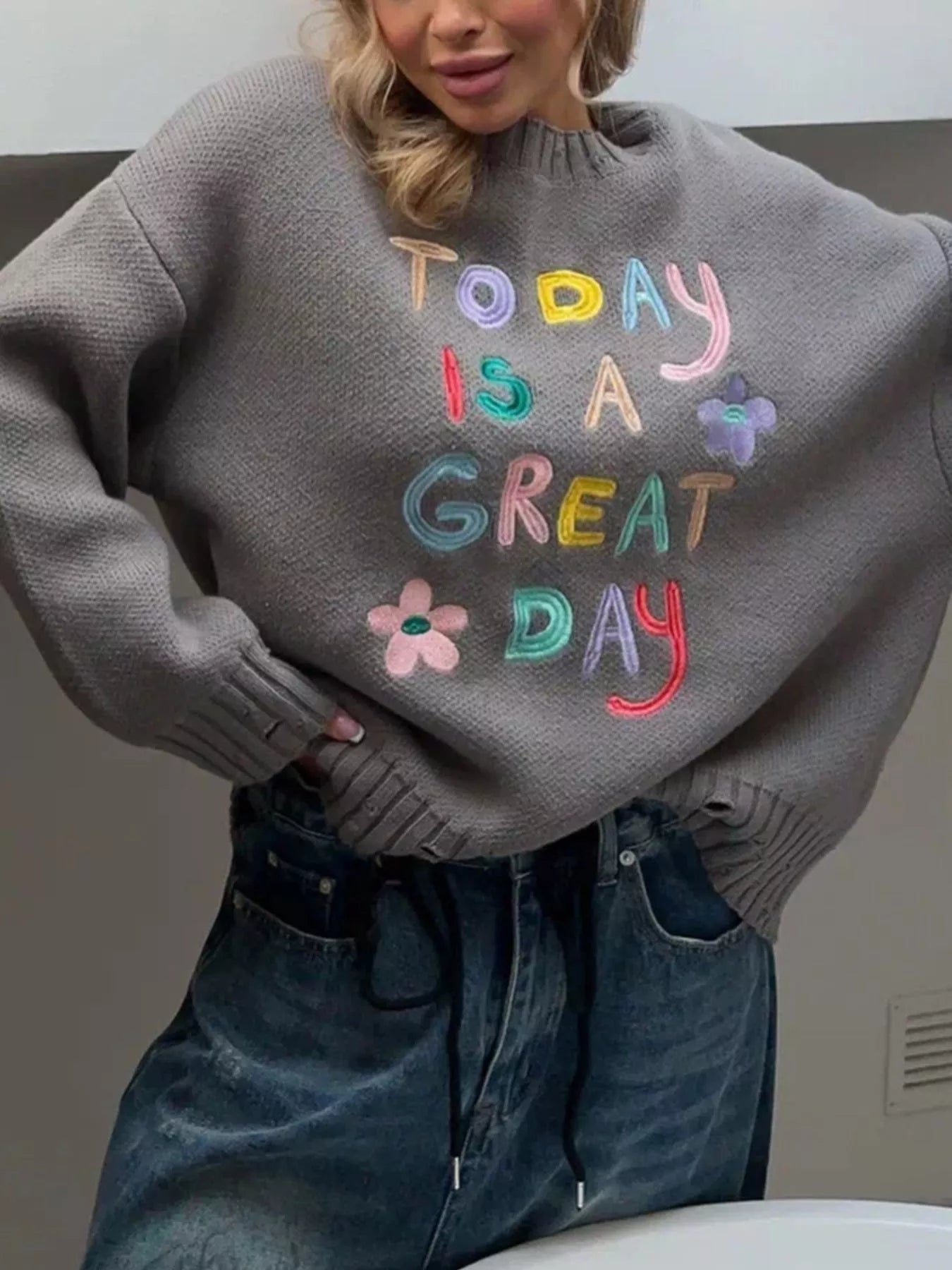 Embroidered 'Great Day' Dropped Shoulder Sweater Dark Gray