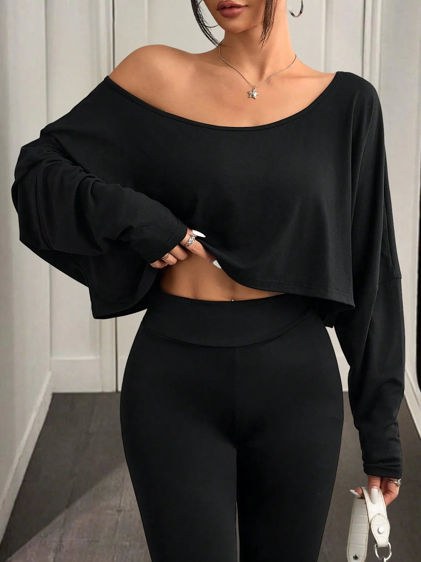 Boat Neck Long Sleeve Crop Top Black