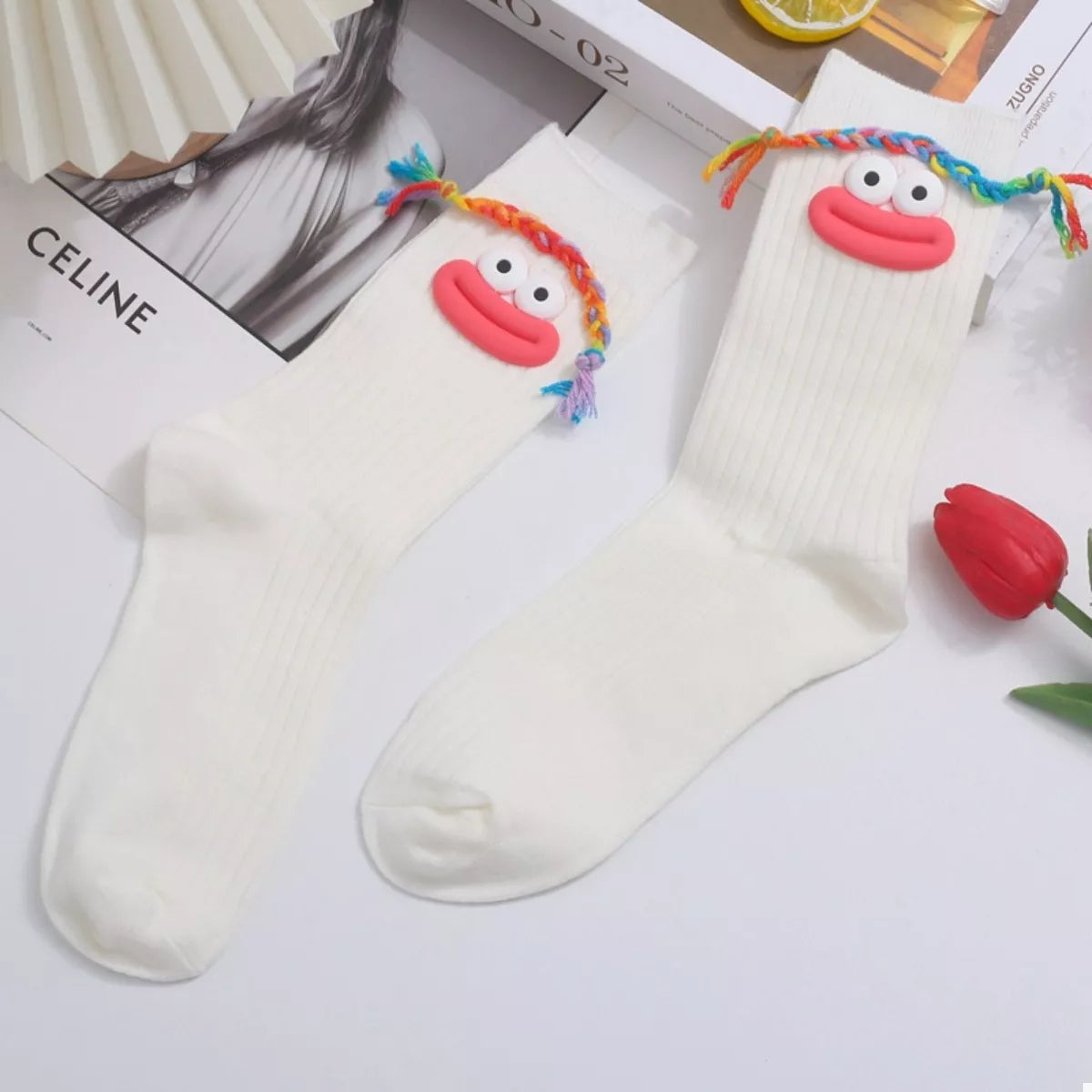 Cartoon Ribbed Knit Crew Socks White C One Size
