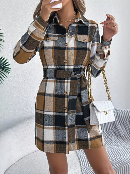 Plaid Button Front Tie Waist Shirt Dress