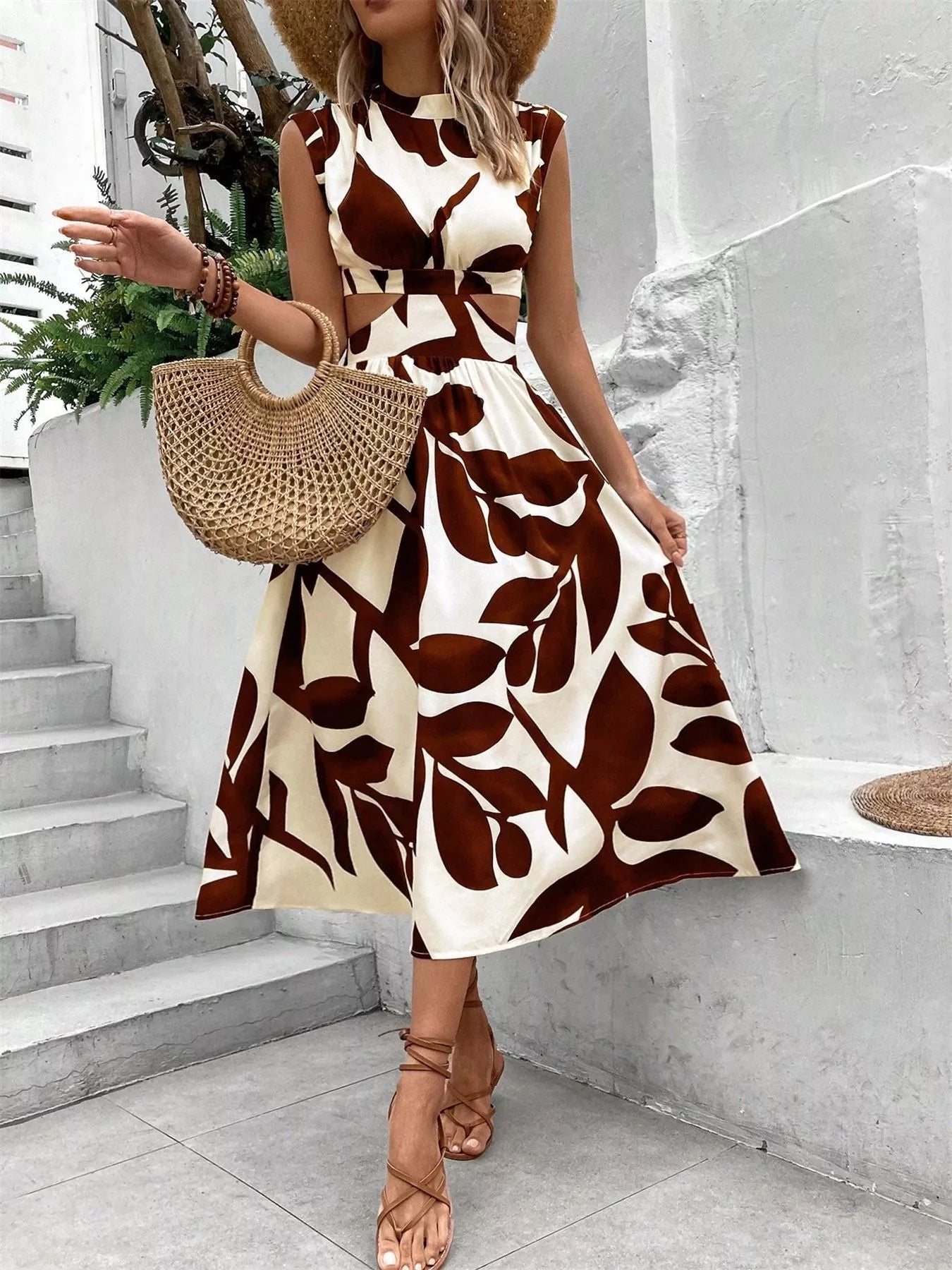 Cutout Printed Sleeveless Dress Coffee Brown