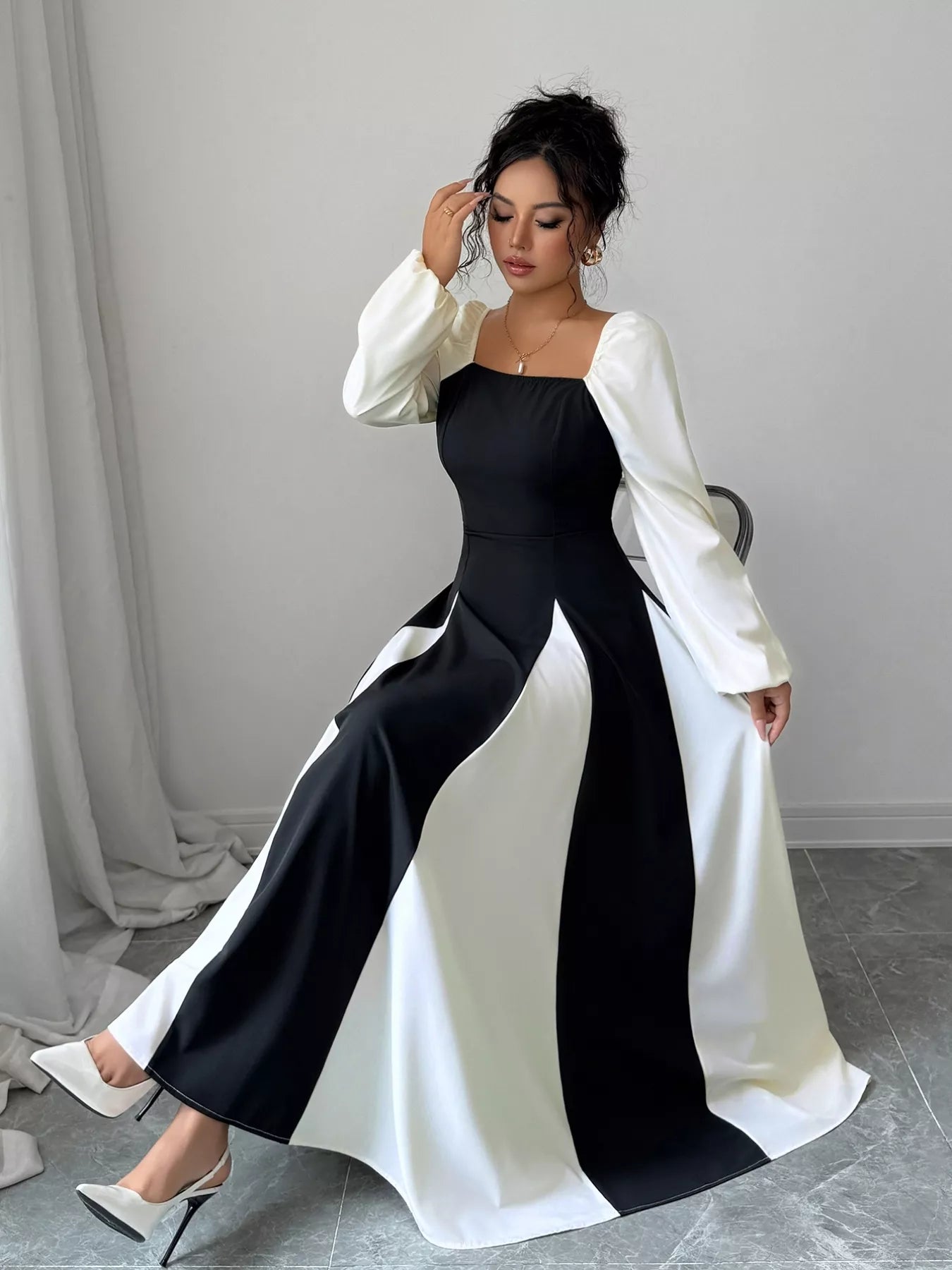 Color Block Square Neck Maxi Dress