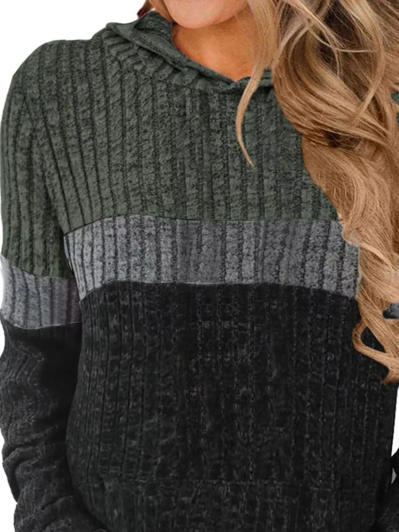 Full Size Color Block Ribbed Knit Hoodie Plus Size