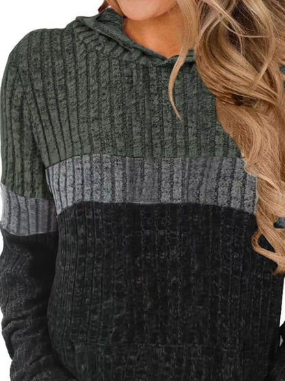 Full Size Color Block Ribbed Knit Hoodie Plus Size