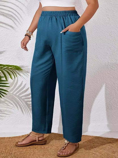 Plus Size Relaxed Fit Elastic Waist Casual Pants Deep Teal