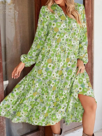 Floral Print Balloon Sleeve Midi Dress Light Green