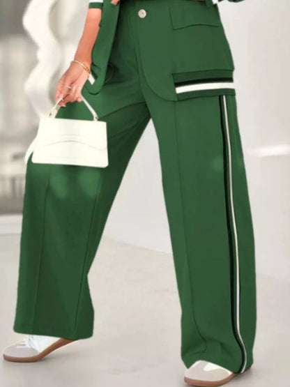 Full Size Striped Trim Button Down Jacket and Pants Set Plus Size