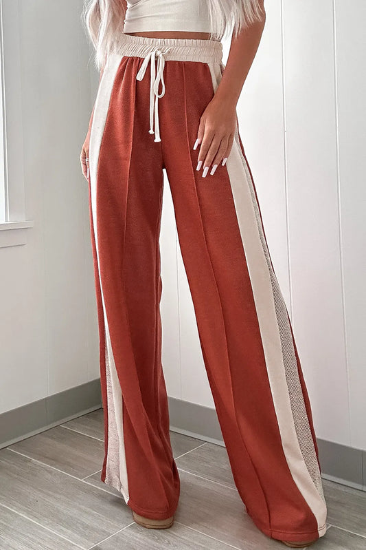 Drawstring Contrast Wide Leg Pants Orange-Red