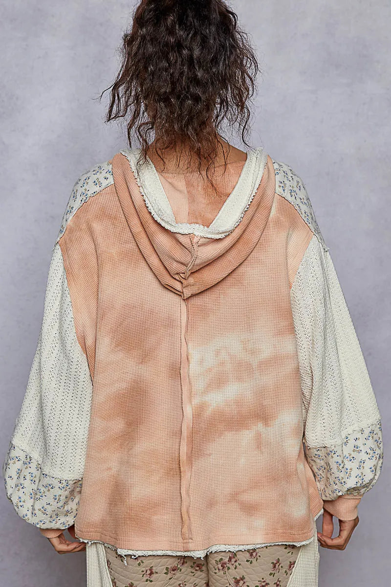 POL Raw Hem Washed Hoodie with Flower Patch