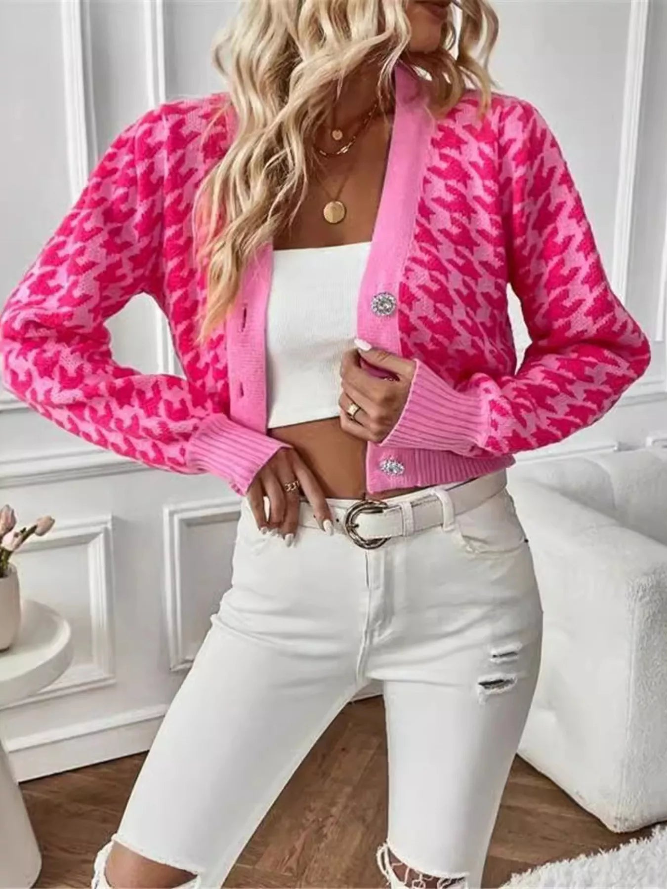 Houndstooth V-Neck Button Up Cardigan