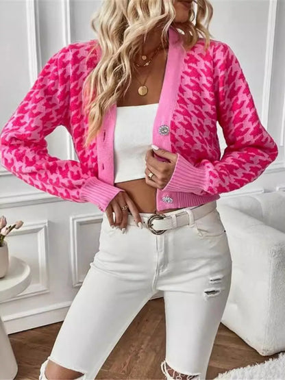 Houndstooth V-Neck Button Up Cardigan