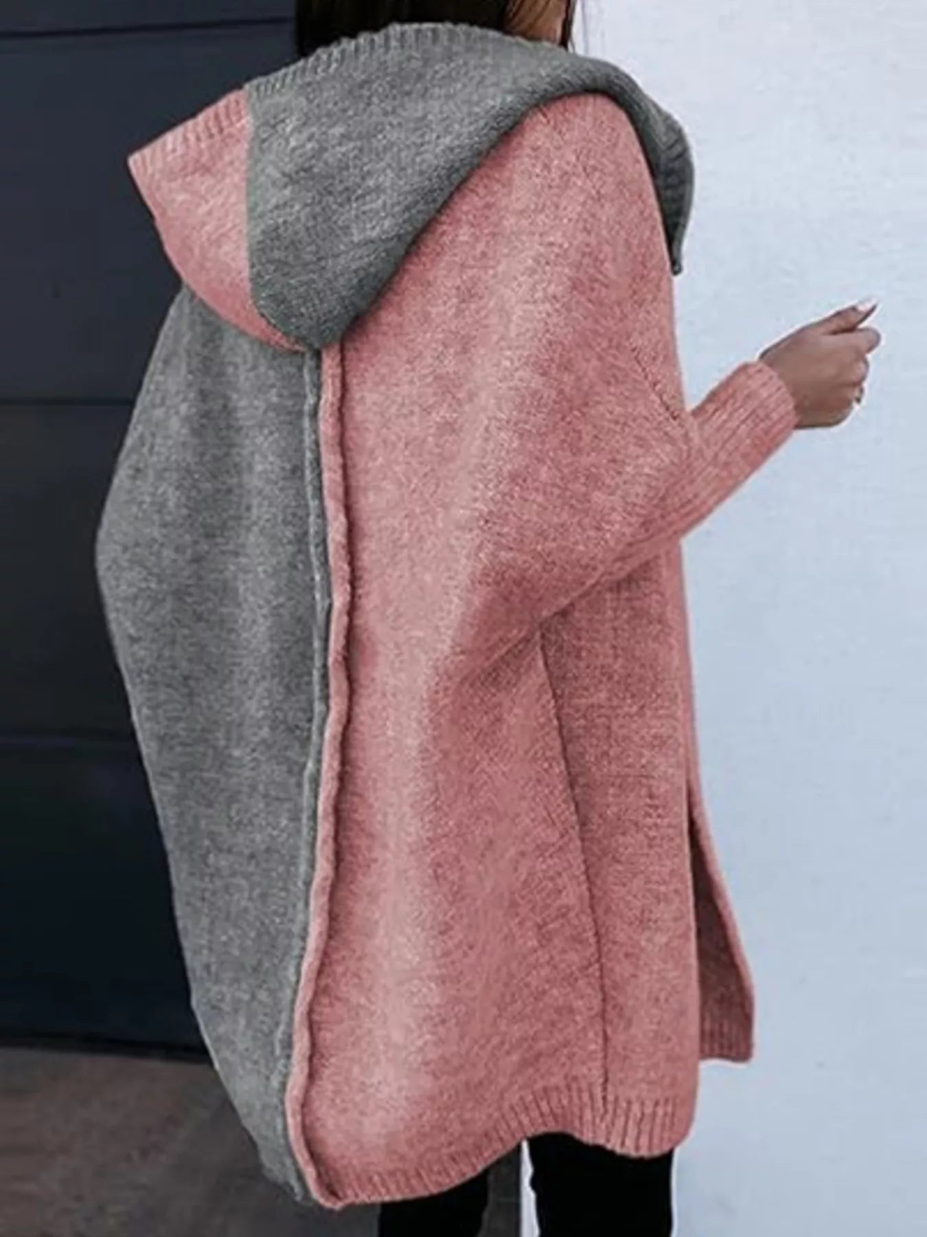 Two-Tone Open Front Knit Hooded Cardigan