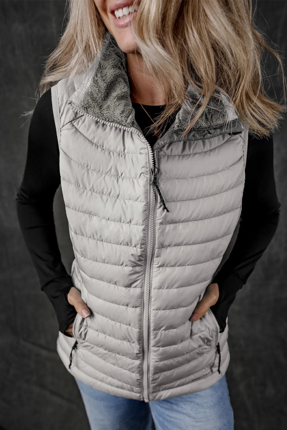 Pocketed Zip Up Vest Coat Gray