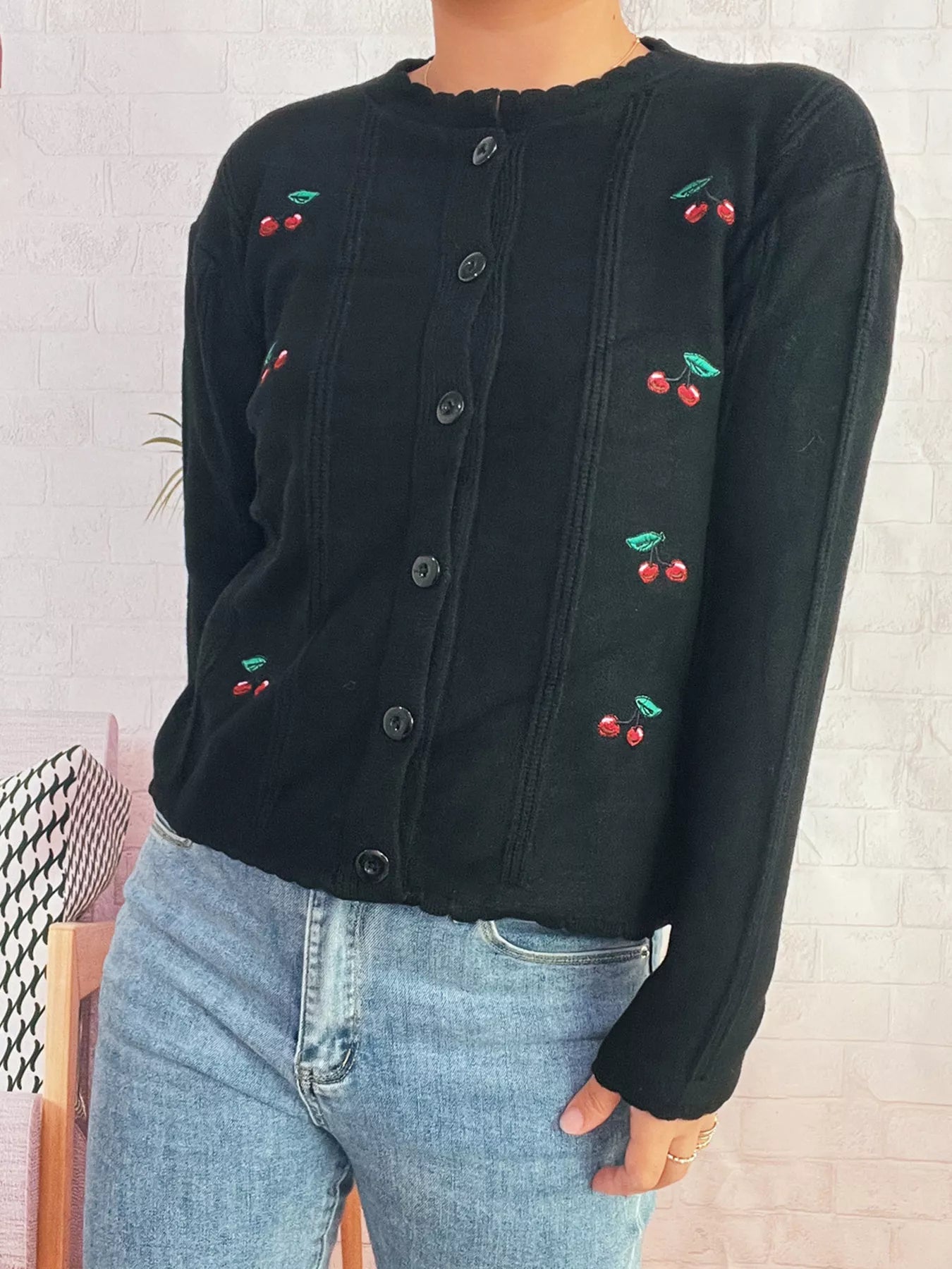 Cherry Embroidered Button Up Cardigan Black One Size