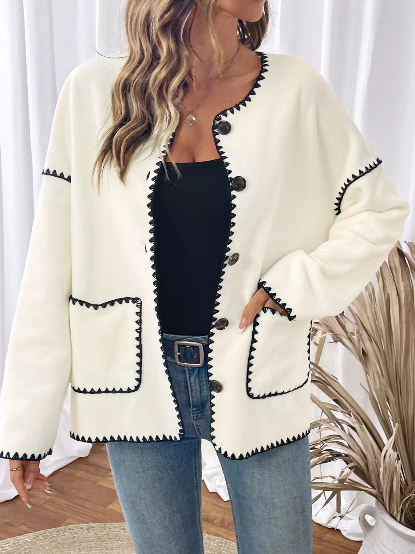 Contrast Trim Button Up Jacket Cream