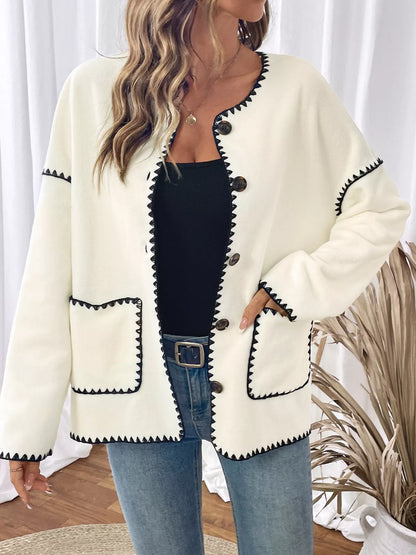 Contrast Trim Button Up Jacket Cream