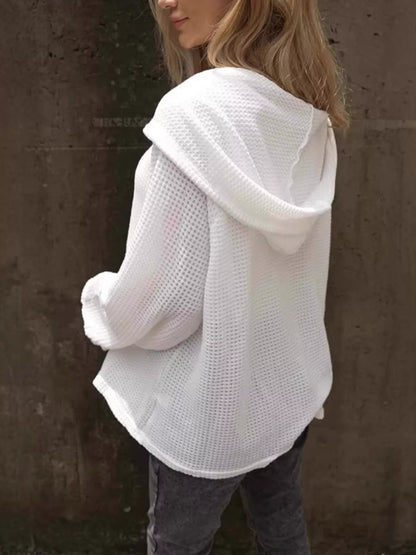 Waffle Knit Hoodie with Button Detail