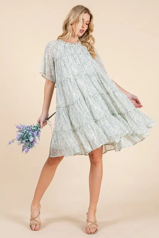 Lime 'N' Chili Ditsy Floral Print Sheer Ruffle Detail Mini Dress IVORY COMBO