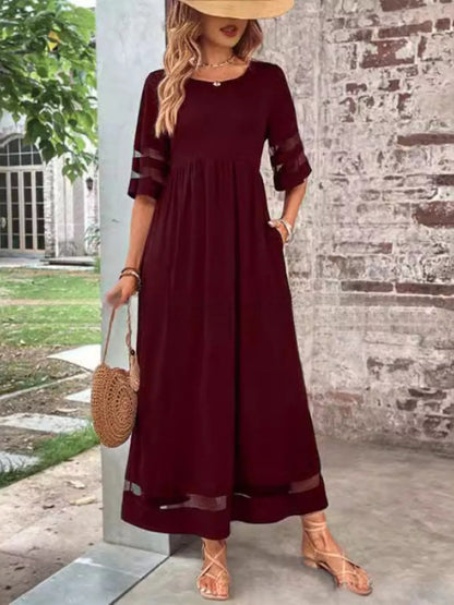 Full Size Round Neck Half Sleeve Dress Plus Size Burgundy