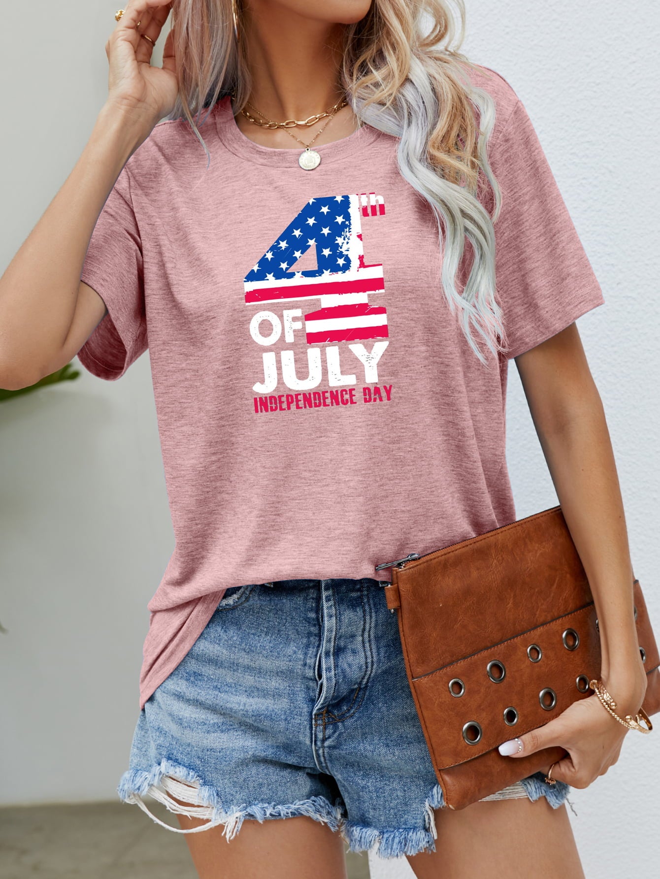 USA Flag Graphic Tee for Women Blush Pink