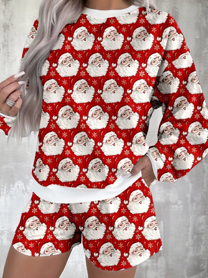 Christmas Santa Print Round Neck Top and Shorts Lounge Set