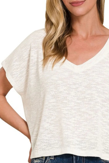 Zenana Hacci Slub V-neck Drop Shoulder Crop Top