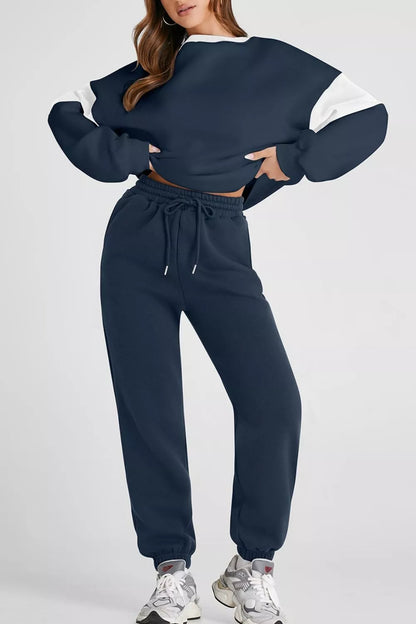 Drop Shoulder Loose Sweatshirt and Joggers Active Set Navy