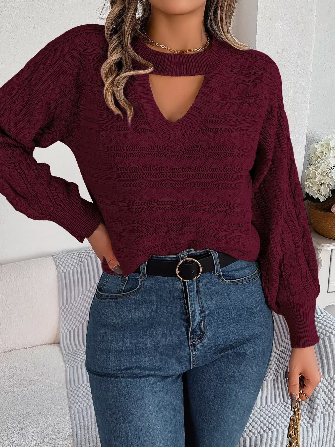 Cable-Knit Cutout Round Neck Sweater