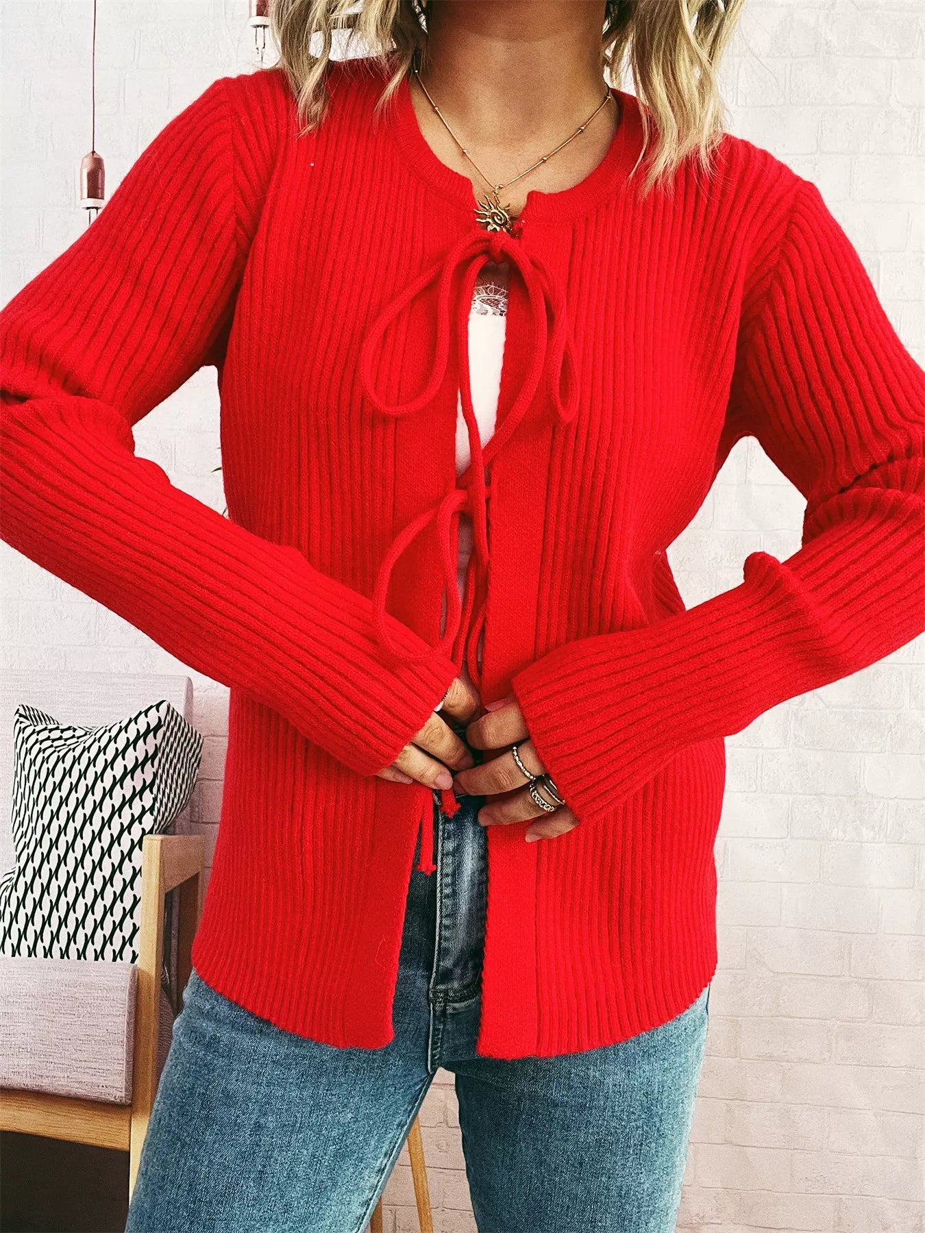 Ribbed Tie Front Long Sleeve Cardigan Red One Size