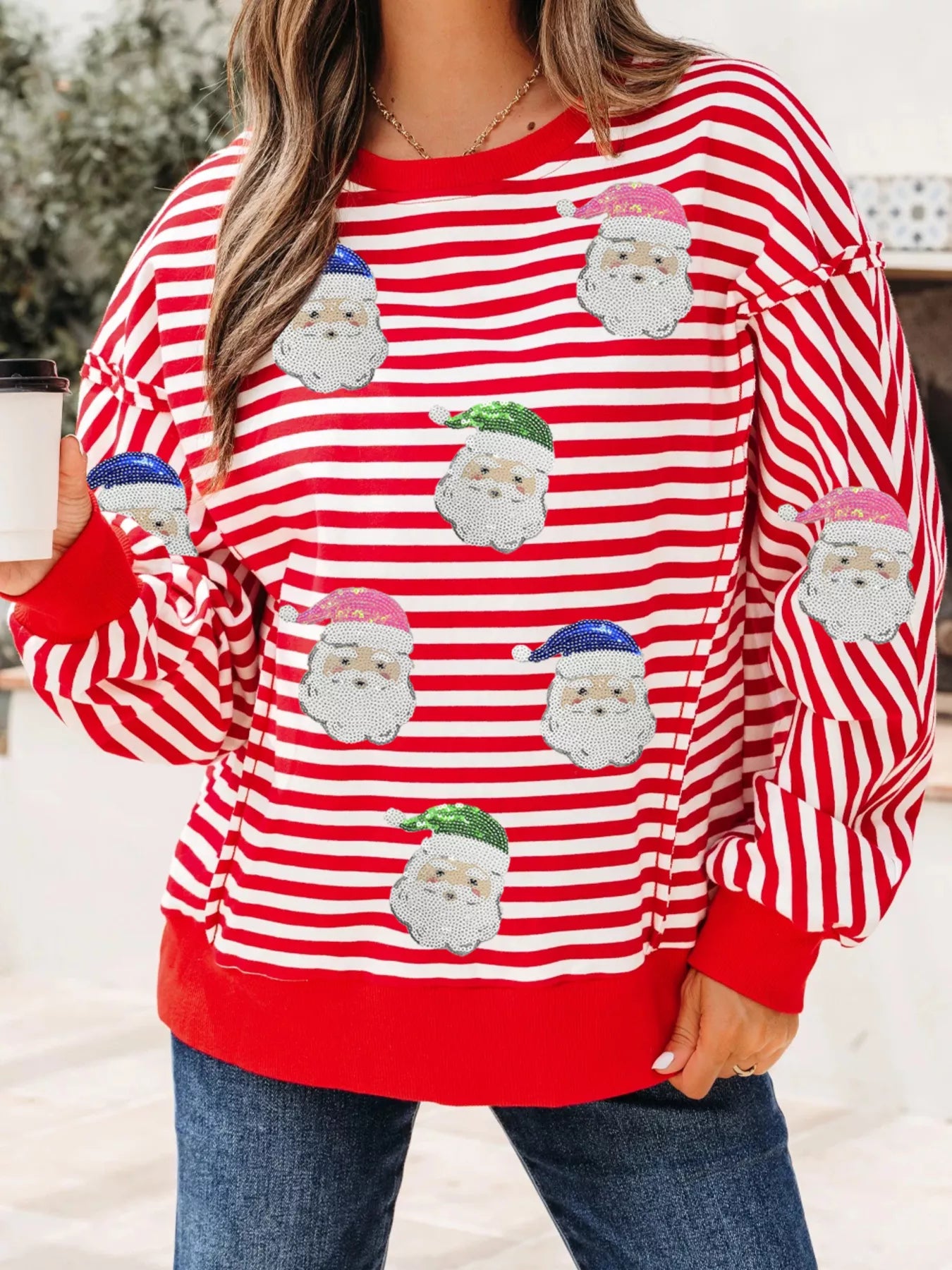 Stripe Sequin Santa Round Neck Raw Seam Detail Christmas Long Sleeve Top Strawberry