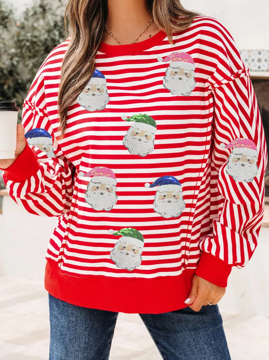 Stripe Sequin Santa Round Neck Raw Seam Detail Christmas Long Sleeve Top Strawberry