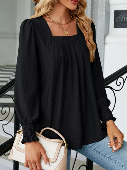 Pleated Square Neck Long Sleeve Top