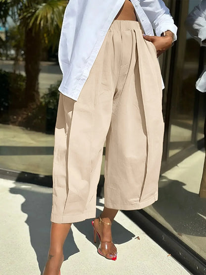 Plus Size Wide Leg Pleated Detail Cropped Pants Beige