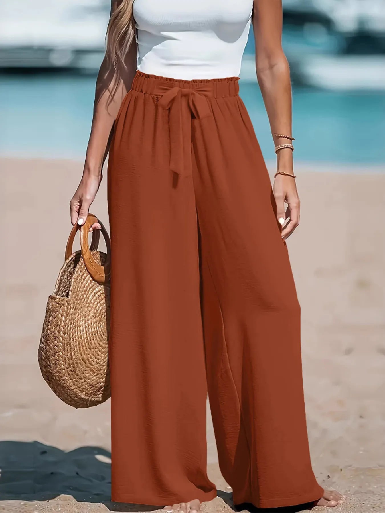 Full Size Drawstring Waist Wide Leg Pants Plus Size Light Brown