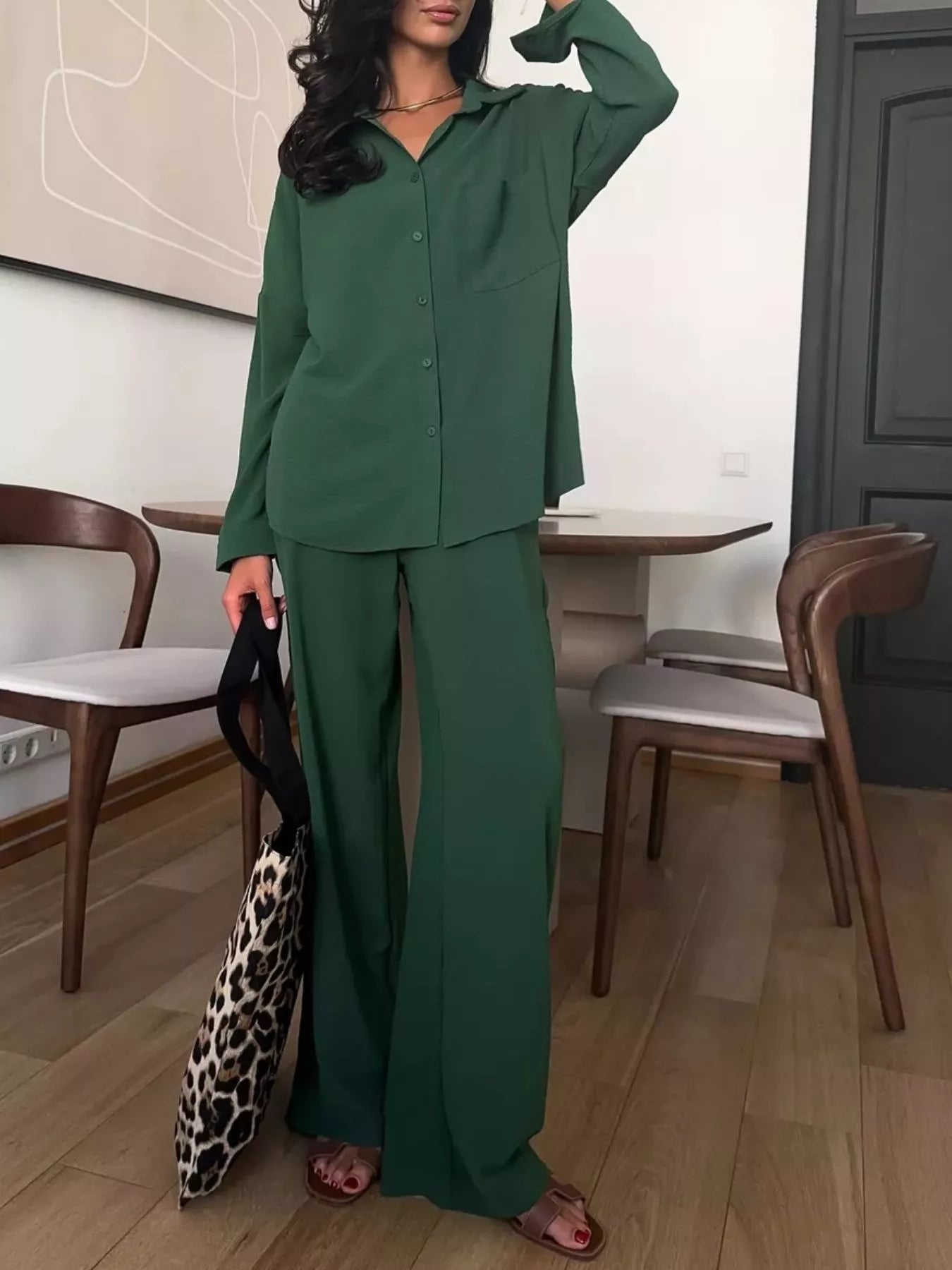 Button Up Long Sleeve Shirt and Pants Set Army Green