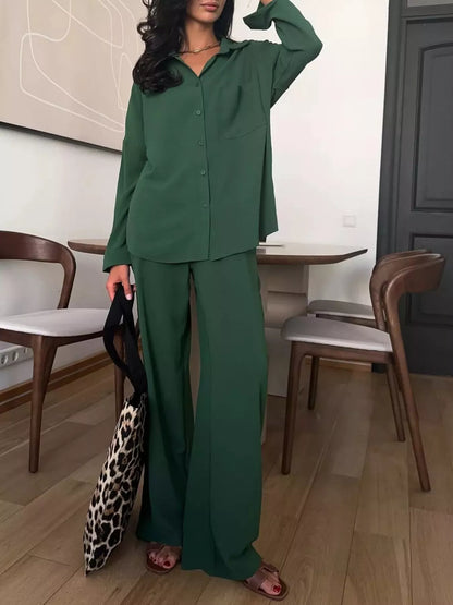 Button Up Long Sleeve Shirt and Pants Set Army Green