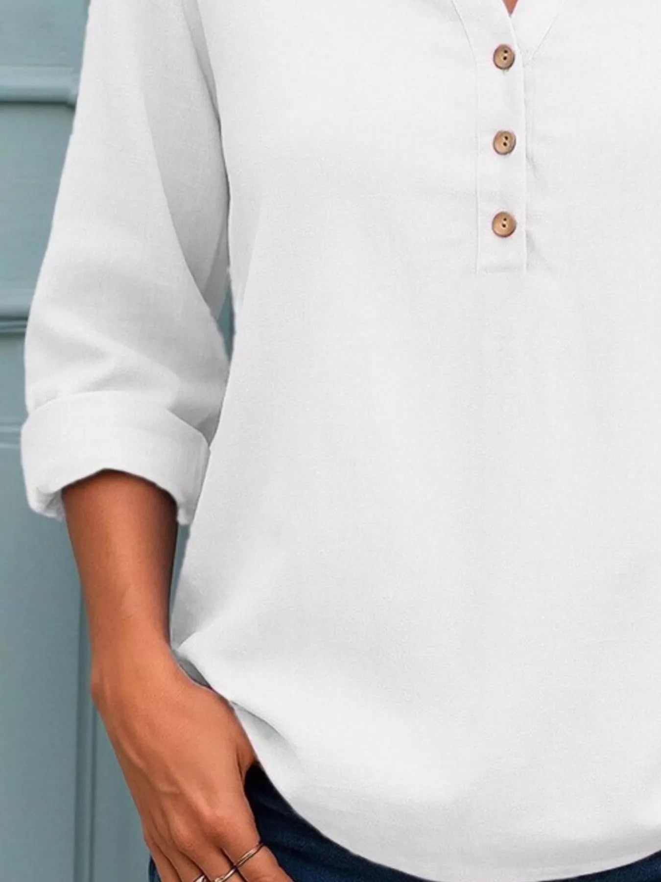 Full Size Button Detail Notched Long Sleeve Blouse Plus Size