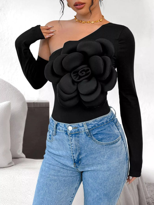 Flower Long Sleeve Single Shoulder Bodysuit Black