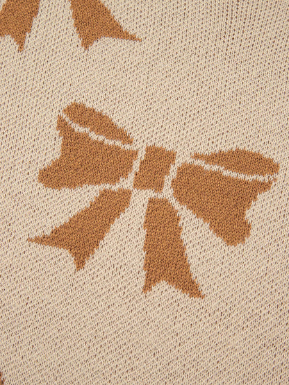 Ribbon Bow Checkered Striped Sleeve Drop Shoulder Sweater