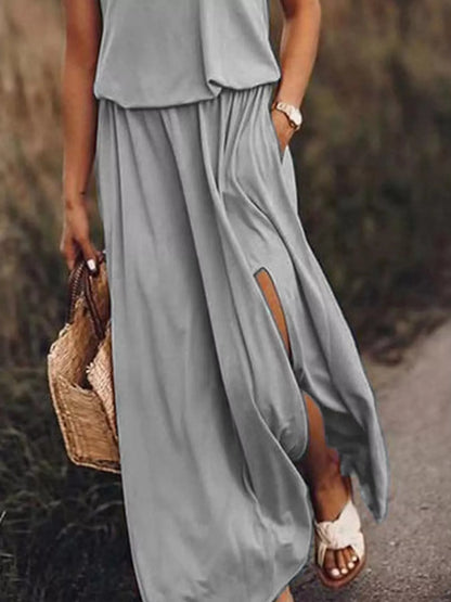 Full Size Round Neck Sleeveless Slit Maxi Dress Plus Size