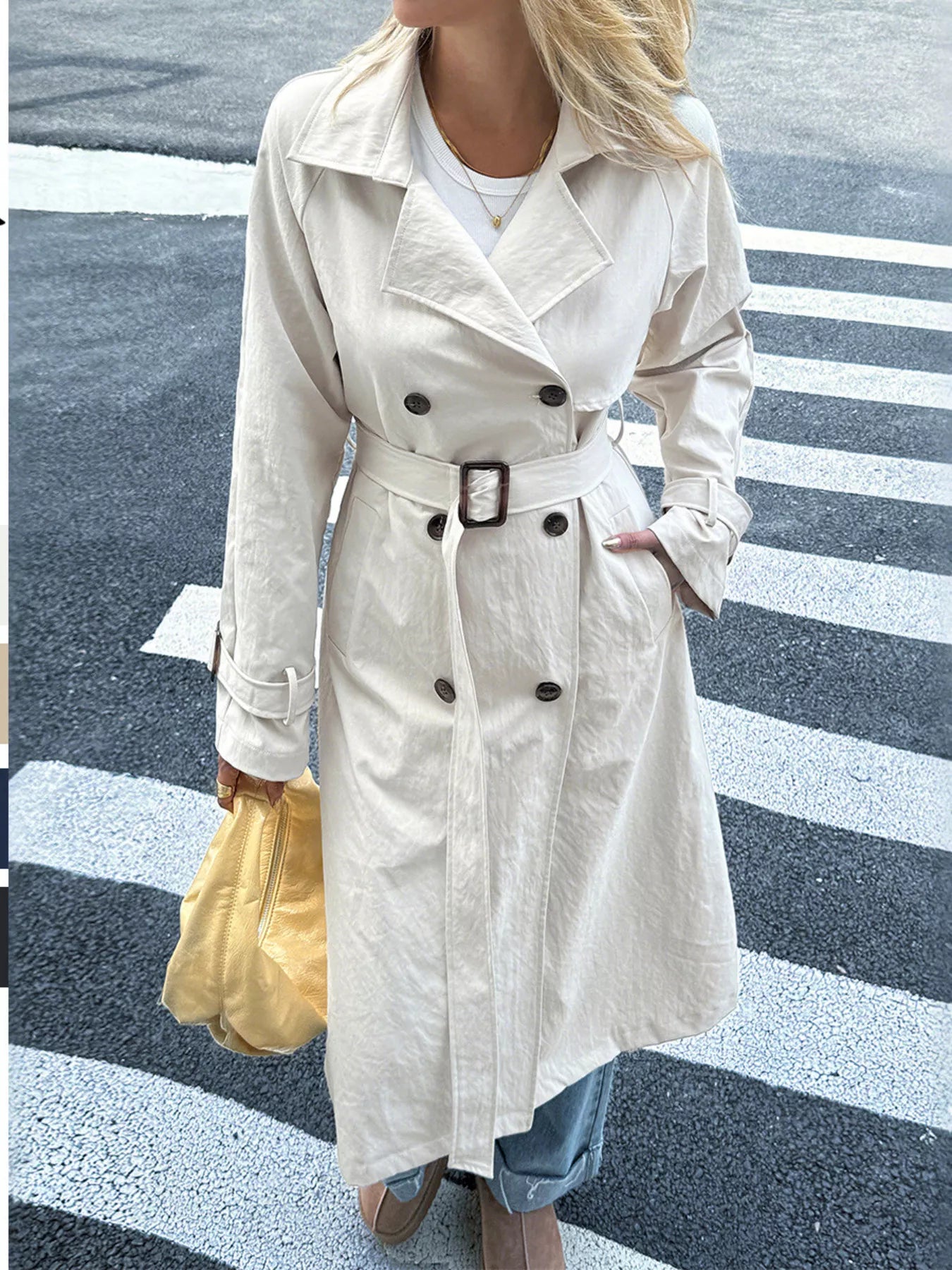 Double-Breasted Belted Trench Coat Gray