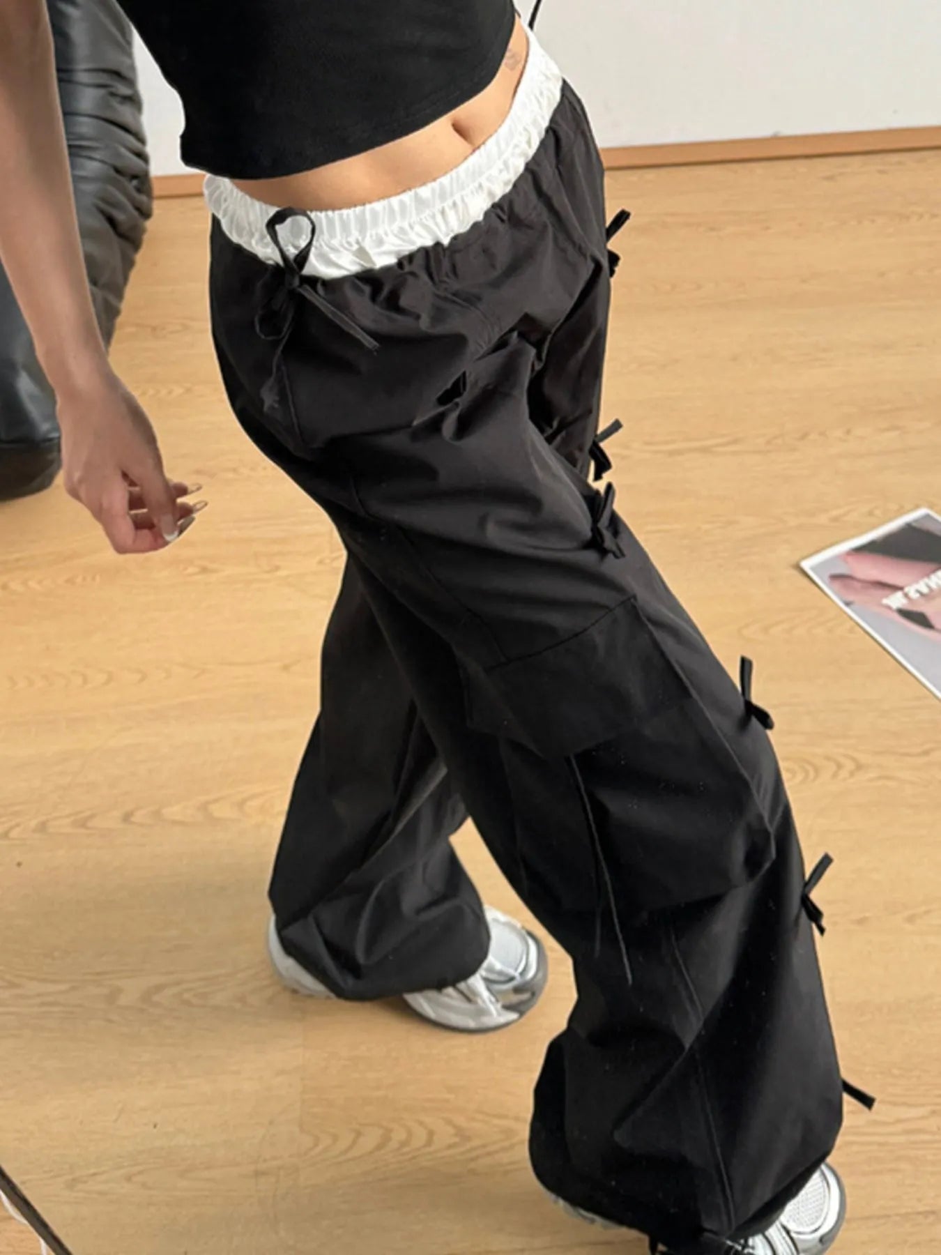 Bow Elastic Waist Cargo Pants